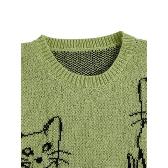 MEOW! ADORABLE Cat Print Black CATS Green Novelty Pullover Sweater NWT Size L - Picture 4 of 7